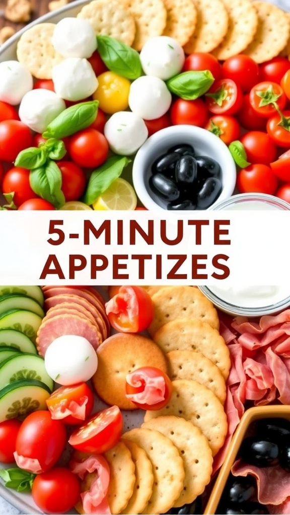 A colorful platter of quick appetizers with tomatoes, mozzarella, cucumbers, olives, and crackers.